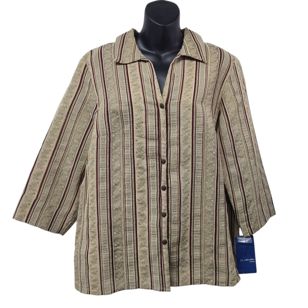 j.h. Collectibles Womens  Stripe Floral Button Shirt Blouse 3/4 Sleeve Sz 1X NWT